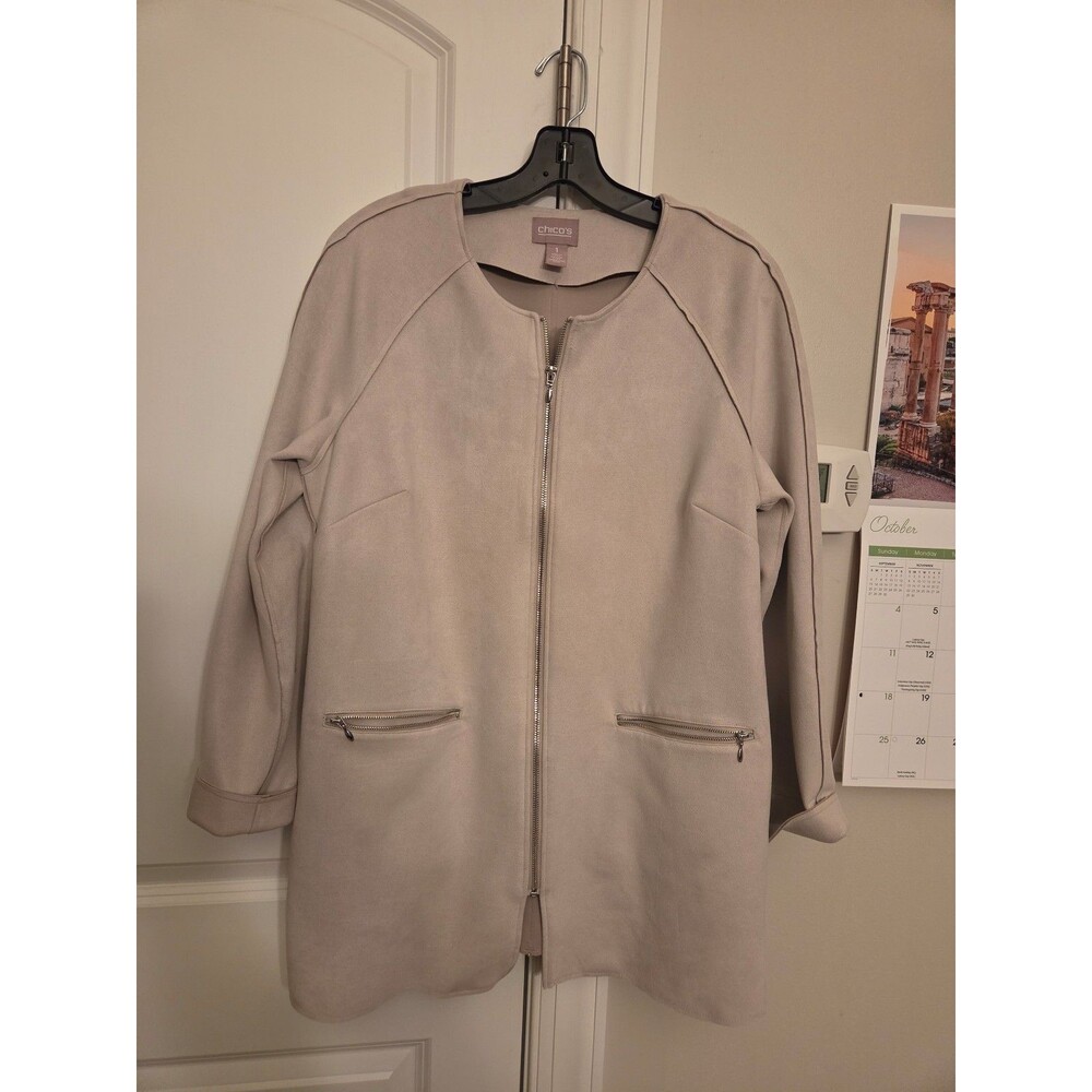 Chico's Beige Faux Suede Longline Zip-Up Jacket w/ Zippered Pockets Size 1 US 8